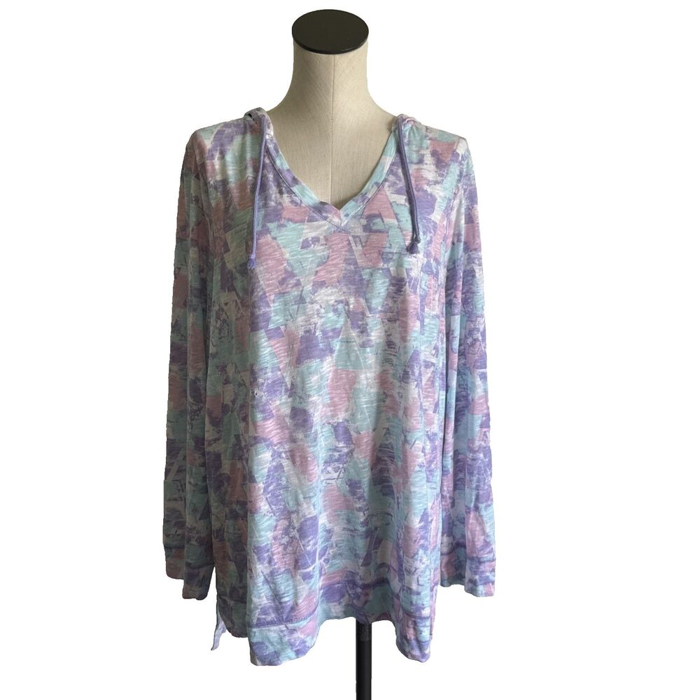 Geometric Hoodie Shirt Womens 2X Pastel Lightweight V Neck Pullover Top Exertek